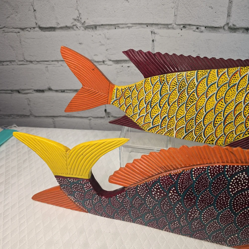 FOLK ART WOOD CARVED FISH SCULPTURE SET BRIGHT MEXICAN BEACH DECOR